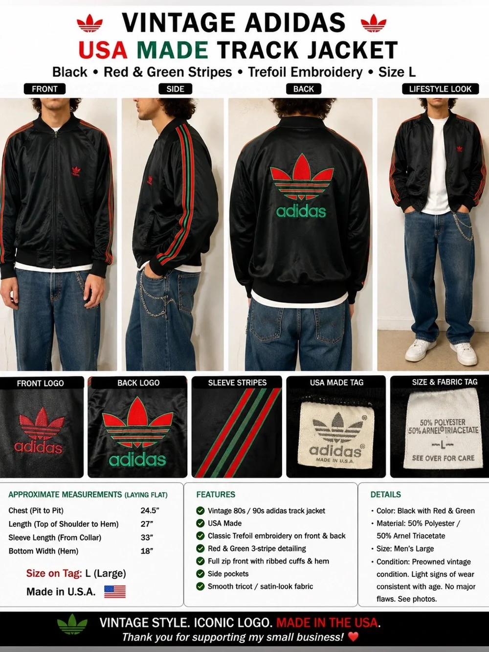 Vintage Adidas Track Jacket Men’s L USA Made Black Red Green Trefoil 80s 90s - Picture 1 of 10